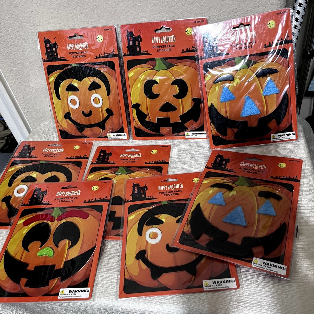 Lot of 8 Happy Halloween Pumpkin Face Stickers Felt Adhesive Decals Spooky Decor